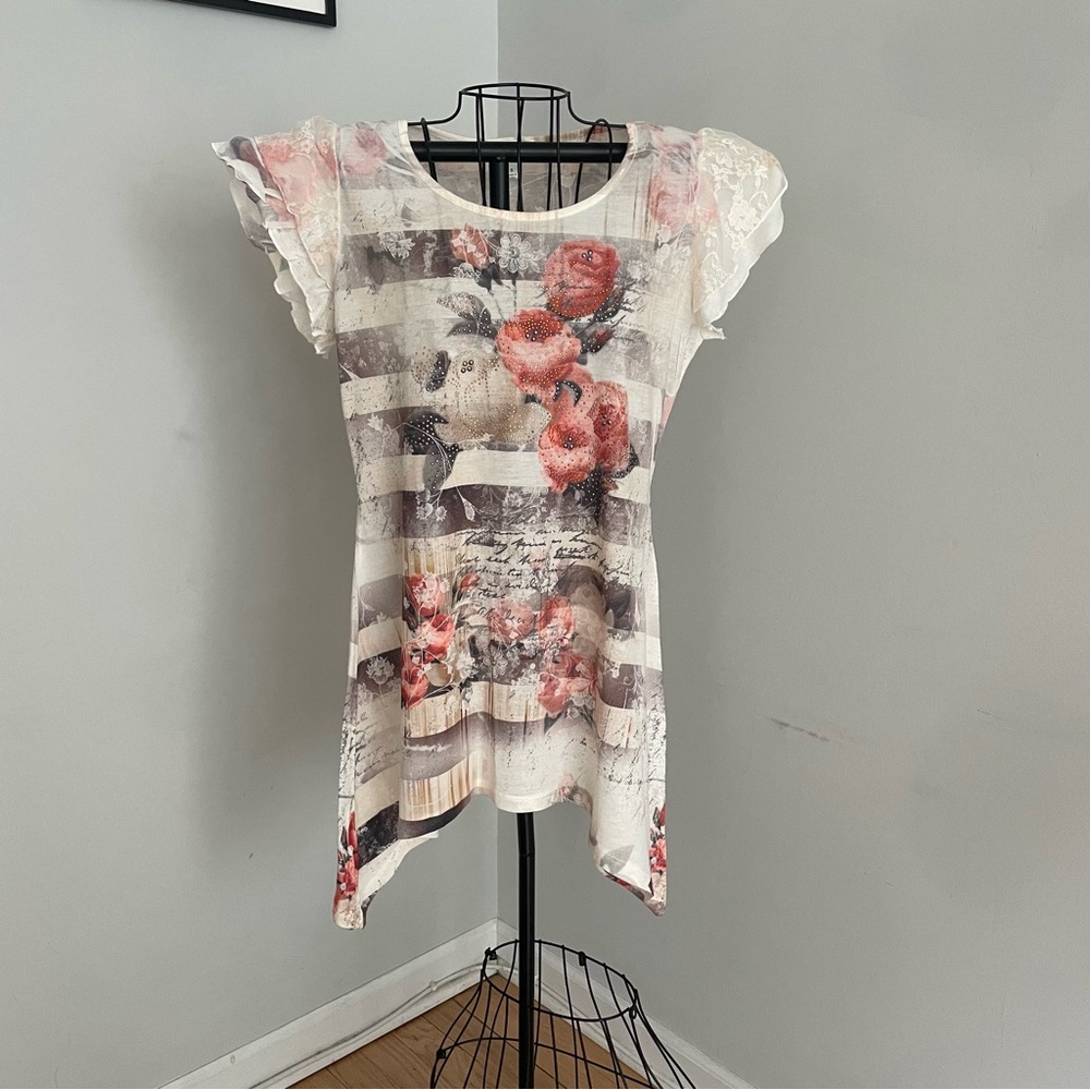 Dressbarn Floral Striped Tunic with Lace Sleeves
